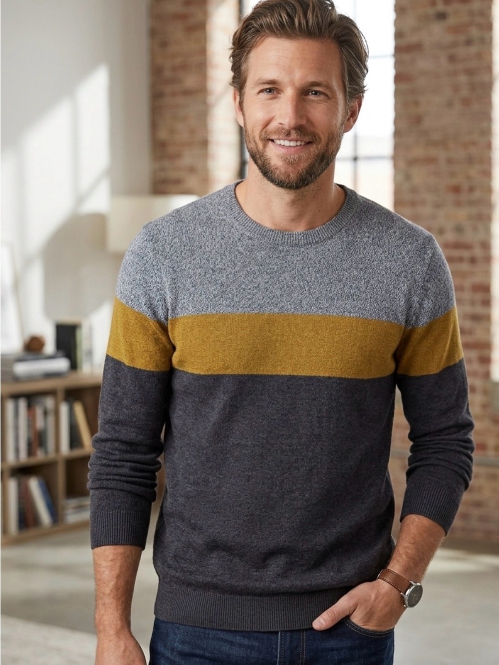 Apt. 9 Men's Size L Gray, Mustard & Charcoal Striped Crewneck Sweater
